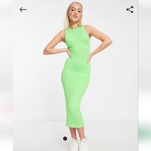 Stradivarius ribbed midi dress in lime